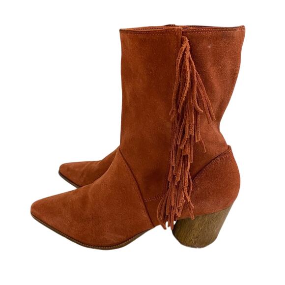 Anthro Bernardo Burnt Orange Suede Western Style Boots w Fringe Women's Sz 9 EUC - Picture 2 of 9